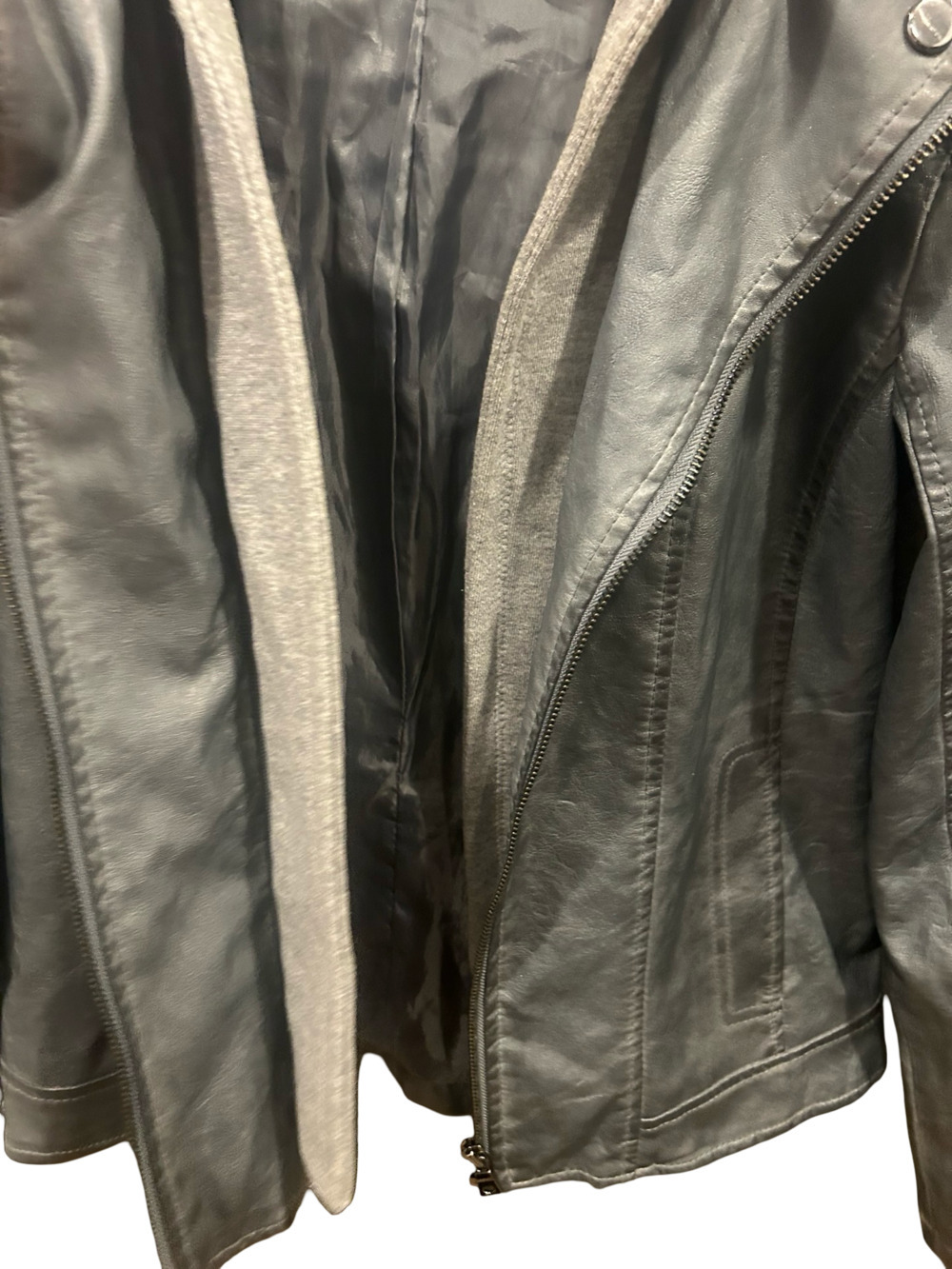 a.n.a Gray Faux Leather Moto Jacket Y2K Hooded Motorcycle Jacket Size L - Picture 7 of 7